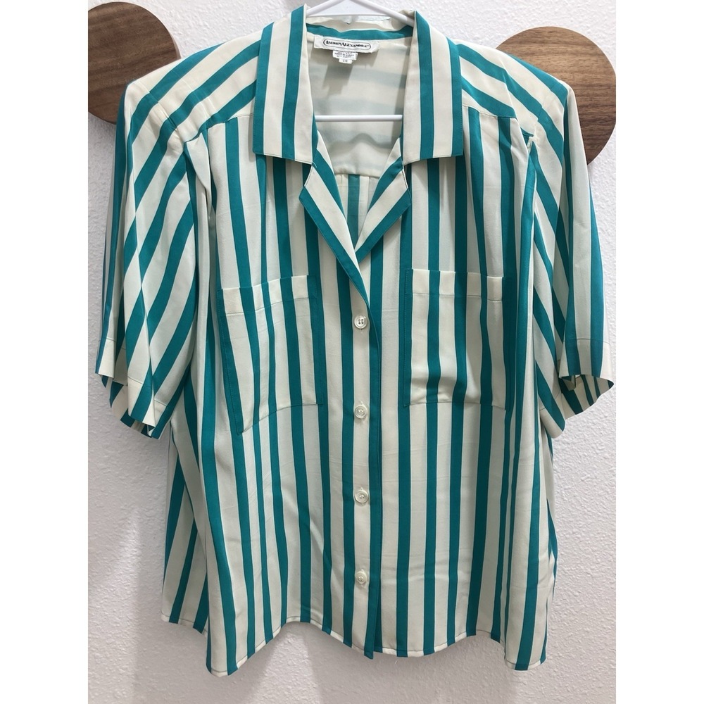 VTG 100% Silk Lauren Alexandra Striped Button-Down Shirt Women's 18 Aqua & White